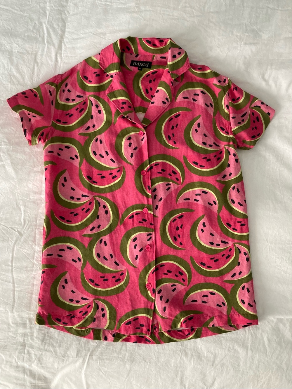 Mixed by Nasrin Watermelon Linen Button Up Short Sleeve Shirt Unisex